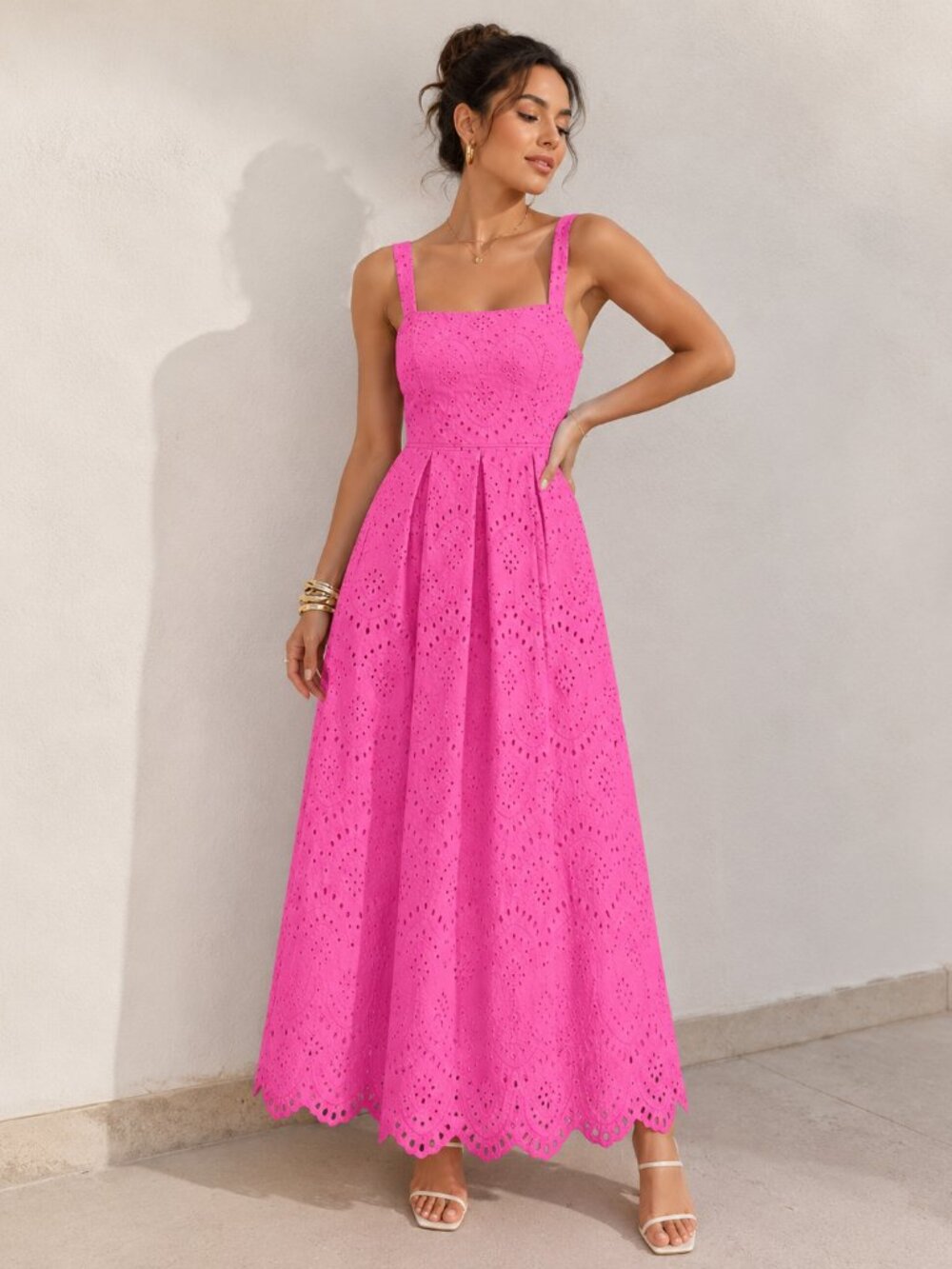 NEW - Hot Pink Eyelet Square Neck Sleeveless Maxi Dress